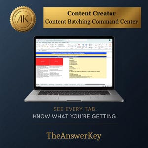May include: A silver laptop displaying a spreadsheet titled Content Creator Content Batching Command Center. The screen shows a yellow table with red columns, text, and a quick key guide. Text above reads Content Creator Content Batching Command Center.