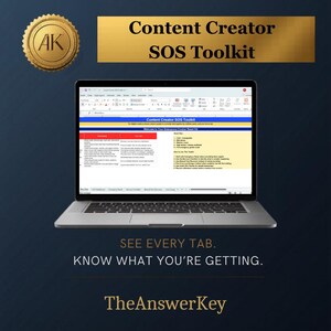 May include: A silver laptop displaying a spreadsheet titled Content Creator SOS Toolkit. The screen shows a table with red and yellow sections, text, and a numbered list. Above the laptop, the text reads Content Creator SOS Toolkit.