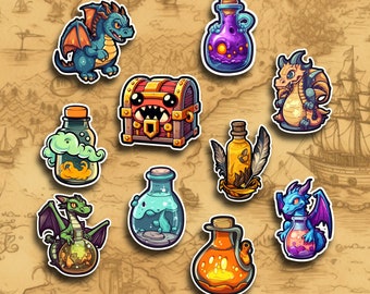 Op de afbeelding: Een verzameling van negen kleurrijke cartoon-draken- en drankjestickers. De stickers bevatten een verscheidenheid aan draken, drankjes en een schatkist. De stickers zijn perfect om een vleugje whimsy toe te voegen aan elk project.