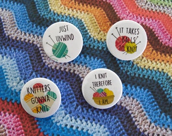 I KNIT pin button badge needles yarn knitting DIY craft
