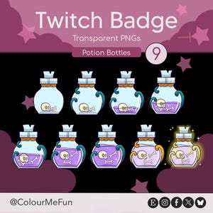 Potion Bottle Twitch Sub Badges – Set of 9 Purple Skull & Tentacle Badges | Horror Fantasy Streamer Icons | Instant Download PNG