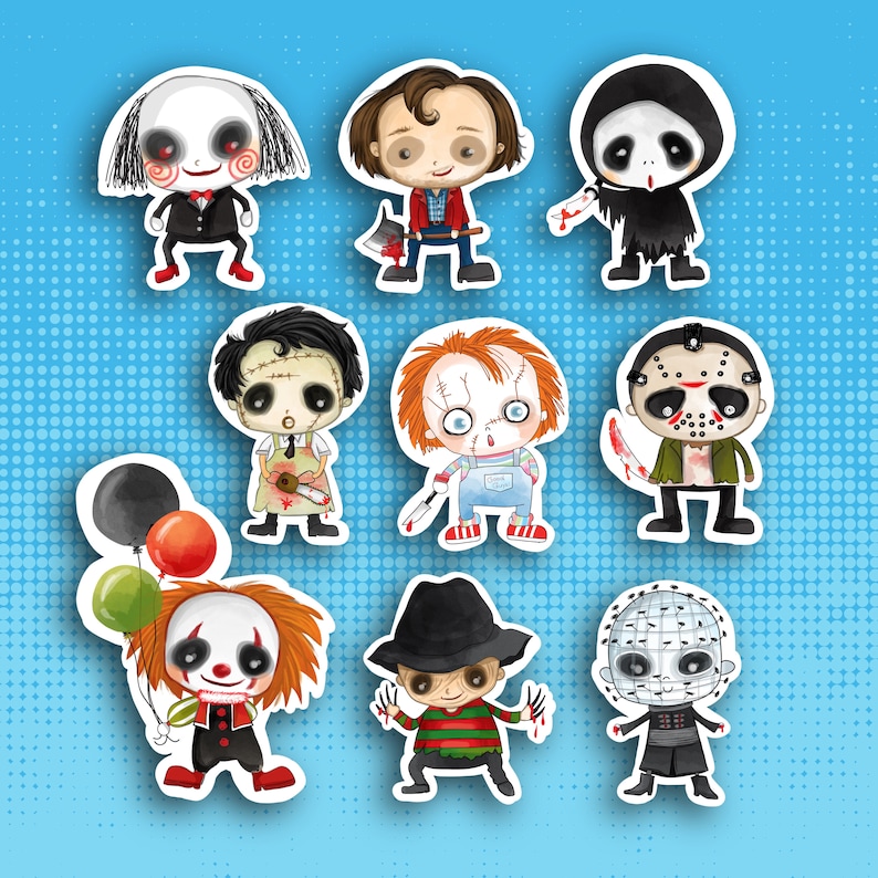 Puede incluir: Un conjunto de diez pegatinas de personajes de terror de dibujos animados coloridos. Las pegatinas presentan personajes como Freddy Krueger, Jason Voorhees y Chucky. Las pegatinas son perfectas para agregar un toque espeluznante a tu computadora port&aacute;til, botella de agua o planificador.
