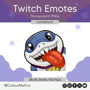 May include: A digital graphic of a cartoon shark with blue and white skin, large dark eyes, sharp teeth, and a long red tongue hanging out. The shark wears a purple collar with a yellow tag labelled JEFF. The text reads Twitch Emotes, Transparent PNGs, Landshark, and 28x28, 56x56, 112x112px.