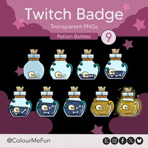Potion Bottle Twitch Sub Badges – Set of 9 Skull & Tentacle Badges | Horror Fantasy Streamer Icons | Instant Download PNG