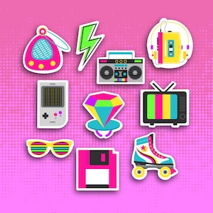 Ensemble d'autocollants rétro sur le thème des années 80 - Cadeau de fête des années 80 - Stickers kawaii Kidcore - Stickers agenda rétro