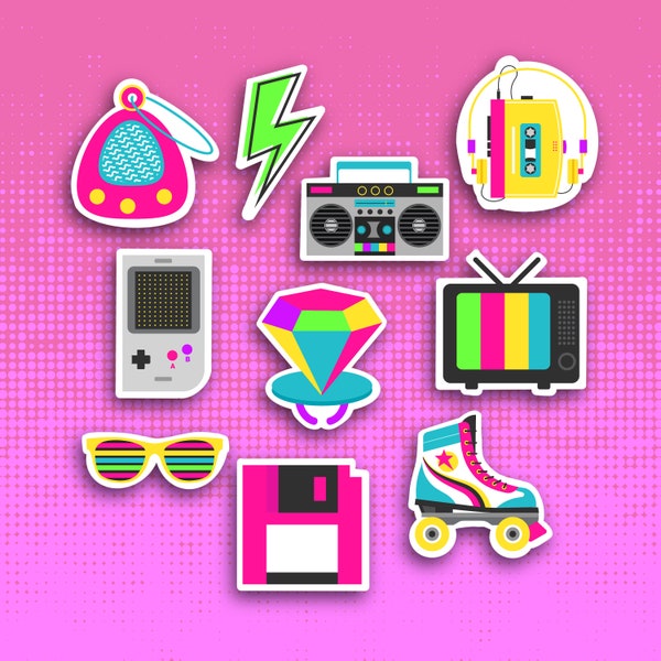 Ensemble d'autocollants rétro sur le thème des années 80 - Cadeau de fête des années 80 - Stickers kawaii Kidcore - Stickers agenda rétro