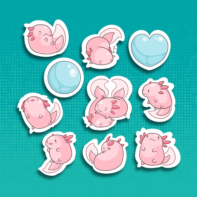 May include: Nine stickers featuring pink axolotl illustrations. The axolotls are in various poses, including sleeping, swimming, and hugging. There is also a blue heart sticker and a blue bubble sticker.