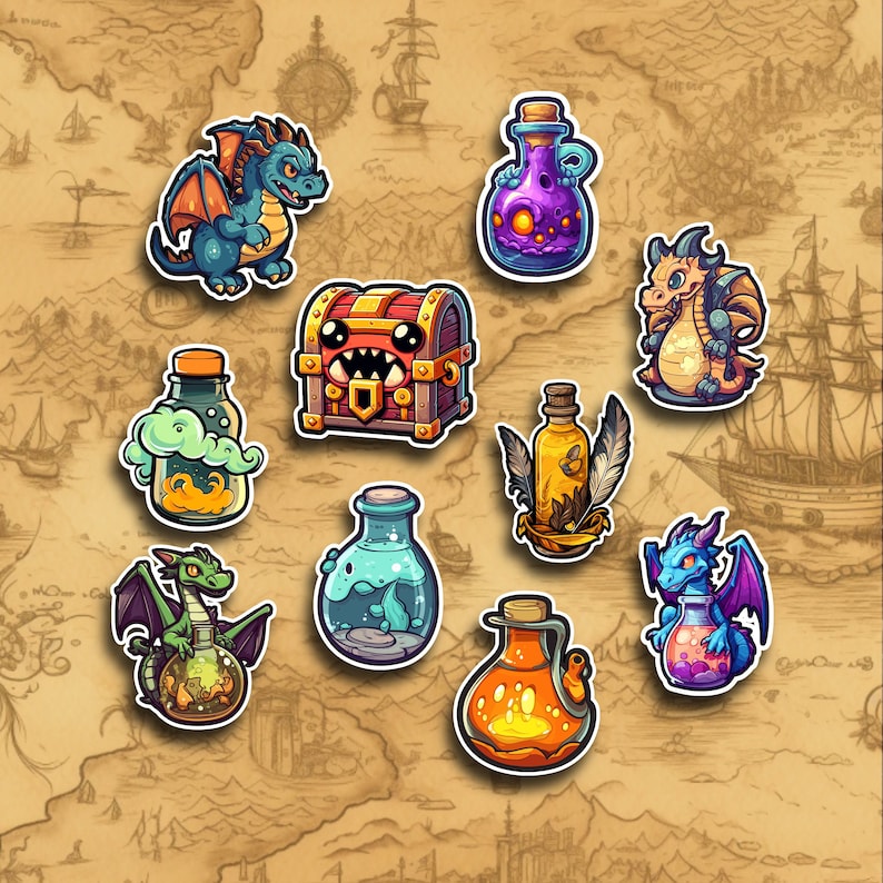 May include: A collection of nine colorful cartoon dragon and potion stickers. The stickers feature a variety of dragons, potions, and a treasure chest. The stickers are perfect for adding a touch of whimsy to any project.