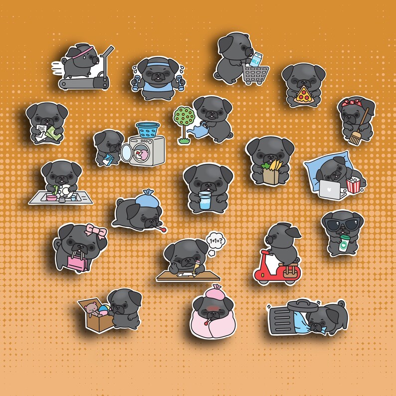 May include: A collection of 20 illustrated pug dog characters in various poses and activities, including exercising, cleaning, eating, and relaxing. The illustrations are in a cartoon style with bright colors and simple lines.
