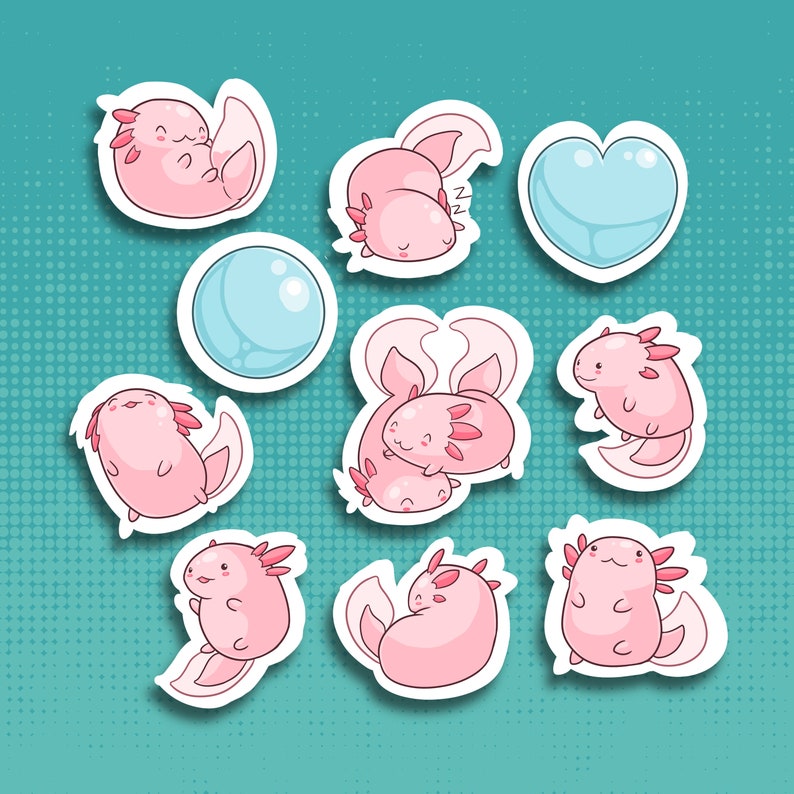 May include: Nine stickers featuring pink axolotl illustrations. The axolotls are in various poses, including sleeping, swimming, and hugging. There are also two stickers featuring blue hearts.