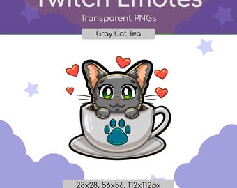 Grey Cat Tea Twitch Emote - Digital Download