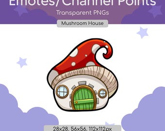 Emote de Twitch Casa de Hongos: Lindo hongo rojo y blanco con puerta verde.