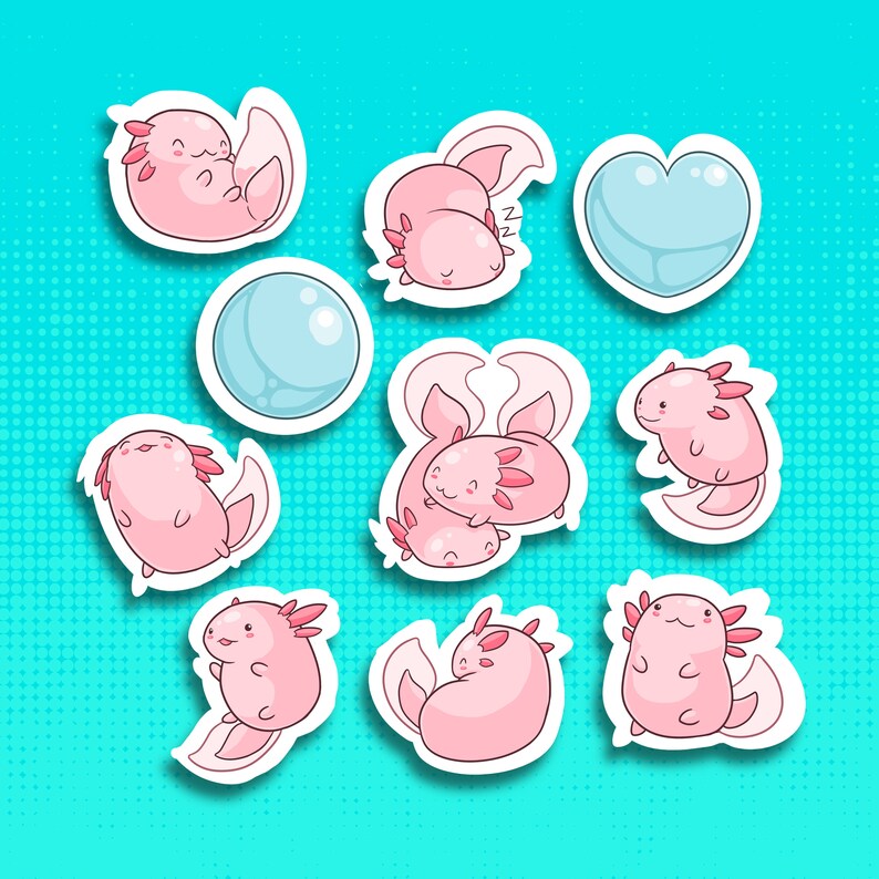May include: Nine pink axolotl stickers with white outlines. The axolotls are in various poses, including sleeping, swimming, and hugging. There is also a blue heart sticker and a blue bubble sticker.