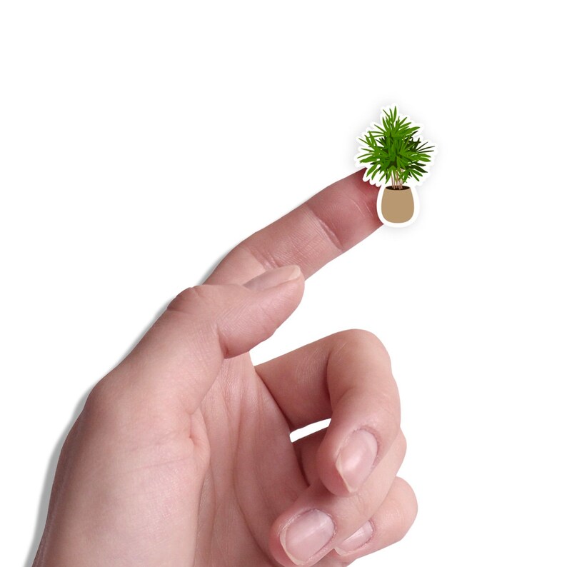 May include: A sticker of a small potted plant with green leaves and a brown pot. The sticker is held on a finger against a white background. The plant is a houseplant.