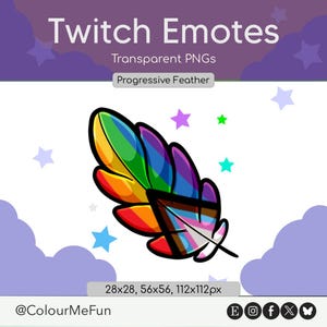May include: A digital graphic of a feather with rainbow-colored segments and a central triangular section featuring black, brown, light blue, pink, and white stripes. The text reads Twitch Emotes, Transparent PNGs, Progressive Feather, 28x28, 56x56, 112x112px.
