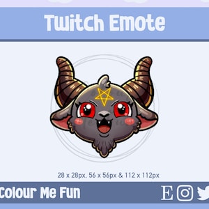 May include: A digital illustration of a cartoon goat head with large red eyes, a pentagram on its forehead, and curved horns. The image is labeled "Twitch Emote" and includes the text "Colour Me Fun".