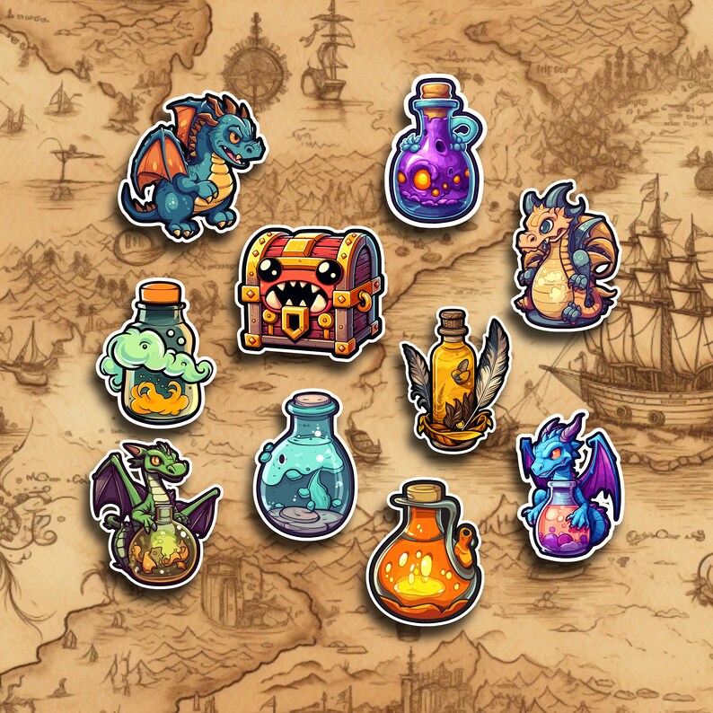 May include: A set of nine colorful stickers featuring cartoon dragons and potion bottles. The stickers are on a brown background with a map design.