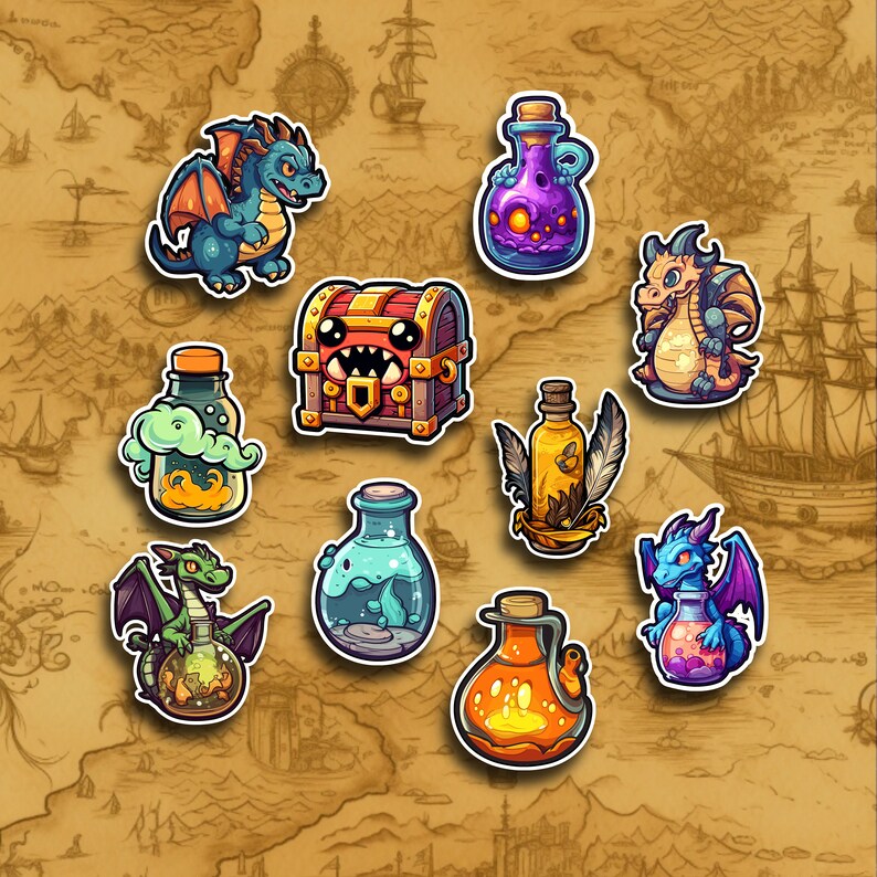 May include: A set of nine colorful stickers featuring dragons, potions, and a treasure chest. The stickers are on a brown background with a map design.