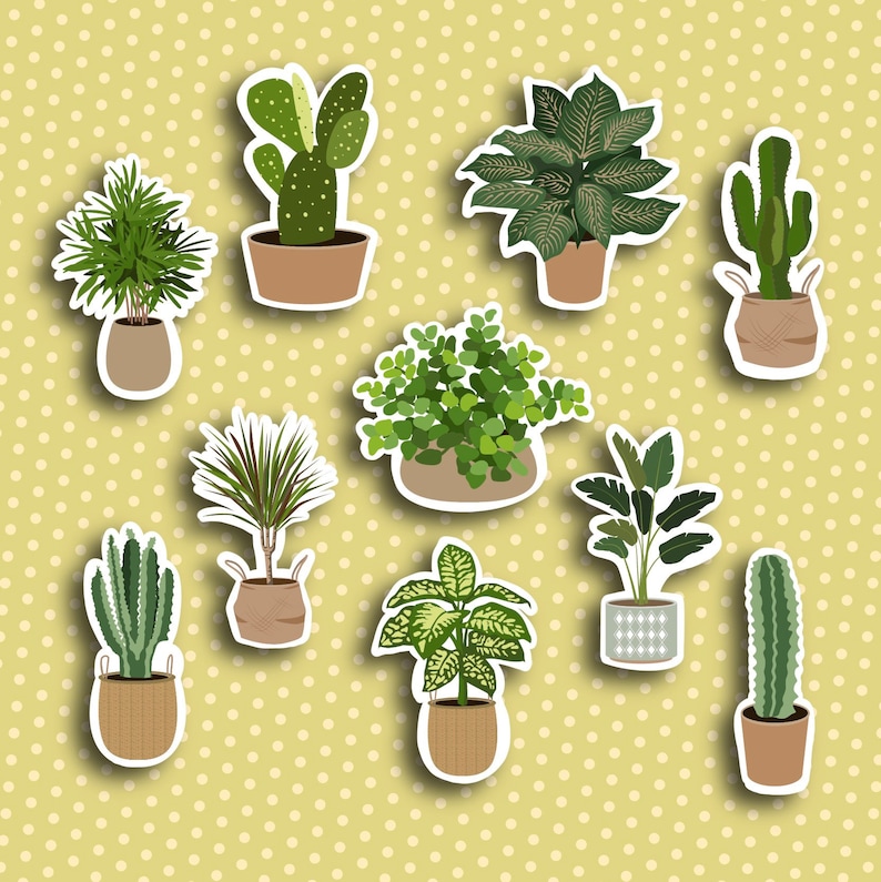 May include: A collection of sticker-style illustrations of various potted plants, including cacti, ferns, and leafy green plants. The plants are in brown pots and baskets, set against a light yellow polka-dot background.