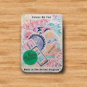 May include: A pack of 10 colorful glossy stickers with various designs, including a phone, a star, a heart, and the words "Nail Super", "More Than A Msg", "Awesome!" and "Colour Me Fun".