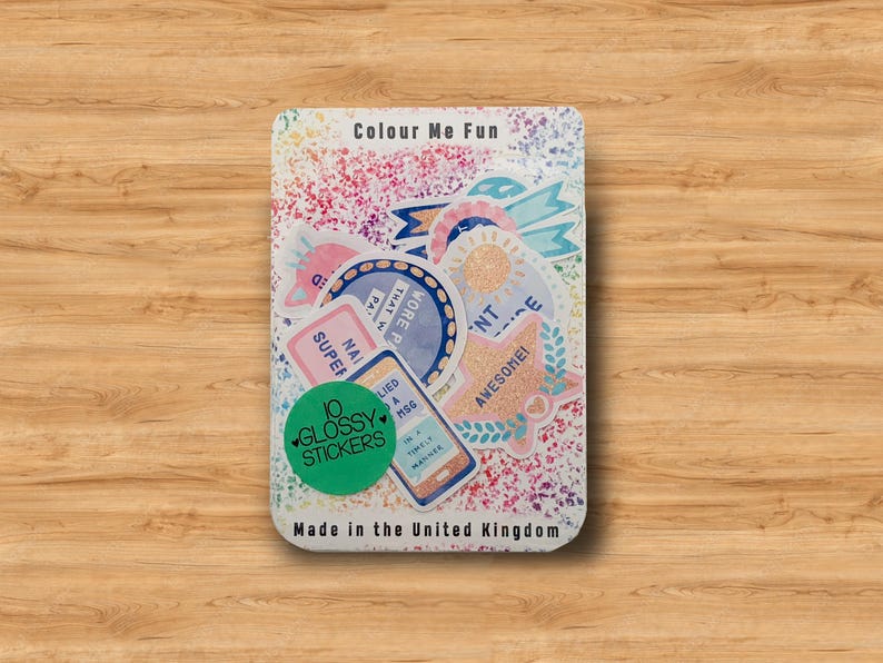 May include: A pack of 10 colorful glossy stickers with various designs, including a phone, a star, a heart, and the words "Nail Super", "More Than A Msg", "Awesome!" and "Colour Me Fun".