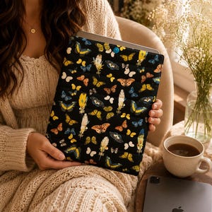Quilted Butterfly Bible Cover | Padded Book Sleeve, Tablet Case (Black) | Cottagecore Gift for Her