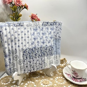 Blue Floral Patchwork Quilted Zipper Pouch: Cottagecore Cosmetic Bag