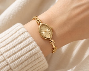 Vintage French Floral Gold Oval Bracelet Watch