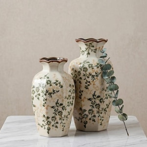 High Fired Ceramic Vase, Floral Pattern Hexagonal Vase, Set of 2 or Single