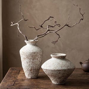 Pode incluir: Dois vasos de cerâmica com um acabamento rugoso e texturizado em branco sujo e castanho salpicado. O vaso mais alto tem um pescoço estreito e uma base cónica, enquanto o vaso mais curto tem um corpo largo e achatado. Ramos nus sobressaem.