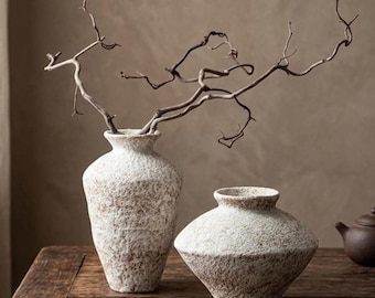 May include: Two ceramic vases with a rough, textured off-white and brown speckled finish. The taller vase has a narrow neck and tapered base, while the shorter vase features a wide, flattened body. Bare, twisted branches extend from the taller vase.