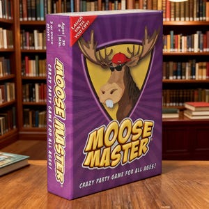 Puede incluir: Una caja de juego de mesa rectangular de color morado titulada Moose Master. La parte frontal muestra un alce de dibujos animados con una gorra de béisbol roja y gafas de sol negras dentro de un escudo amarillo. Incluye el texto Laugh Until You Cry.