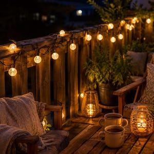 Peut inclure: Une guirlande de lumières sphériques transparentes à éclairage jaune chaud drapée le long d'une balustrade de balcon en bois foncé. La scène comprend deux tasses en céramique sur une table en bois, deux lanternes tressées et des coussins.