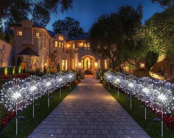 Solar Firework Garden Lights White IP65, Outdoor LED Starburst Landscape Lights, 90 150 200 LED Patio Lawn Path Yard Decoration