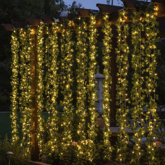 Solarbetriebene künstliche Efeu-Lichterkette, warmweiß, IP55, für den Außenbereich, 8 Modi, ideal für Garten, Balkon und Hochzeiten
