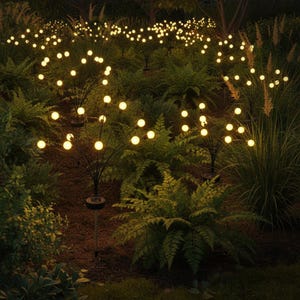 May include: Multiple solar-powered garden lights with thin black stems and glowing warm white spherical bulbs arranged in clusters. Each light features a small circular solar panel at the base of the stem, positioned among green ferns and foliage.