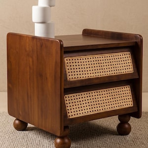 May include: A dark brown wooden nightstand featuring two drawers with light tan woven cane panels. The piece has a flat top surface and is supported by four spherical ball-shaped feet. A white cylindrical decorative object sits on the top surface.