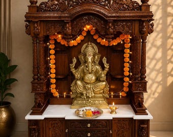 Handcrafted Teakwood Mandir with Marble Top, Large Indian Temple Cabinet