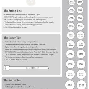 May include: A ring sizing guide titled pure carat featuring instructions for The String Test, The Paper Test, and The Secret Test. It includes a printable paper ring sizer graphic and a column of circular icons listing ring sizes 3 to 13.5.