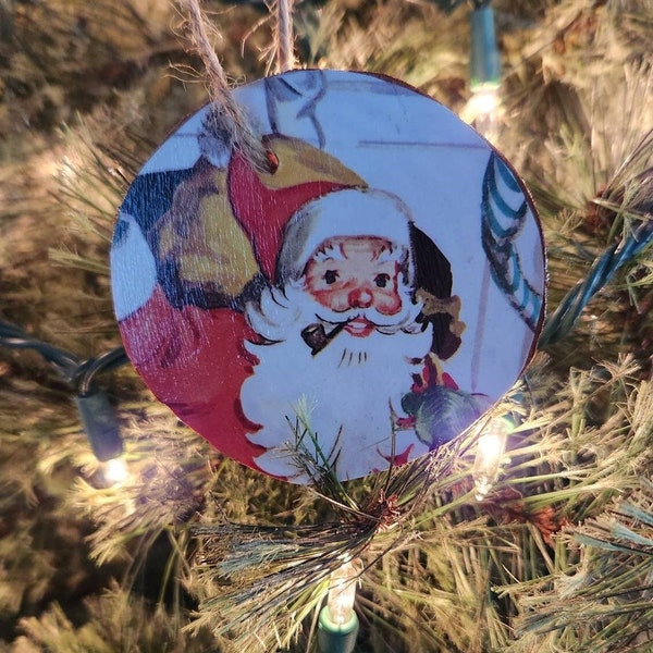 Wooden Santa Ornament, Recycled Book Page Ornaments Santa with Pipe Ornament.