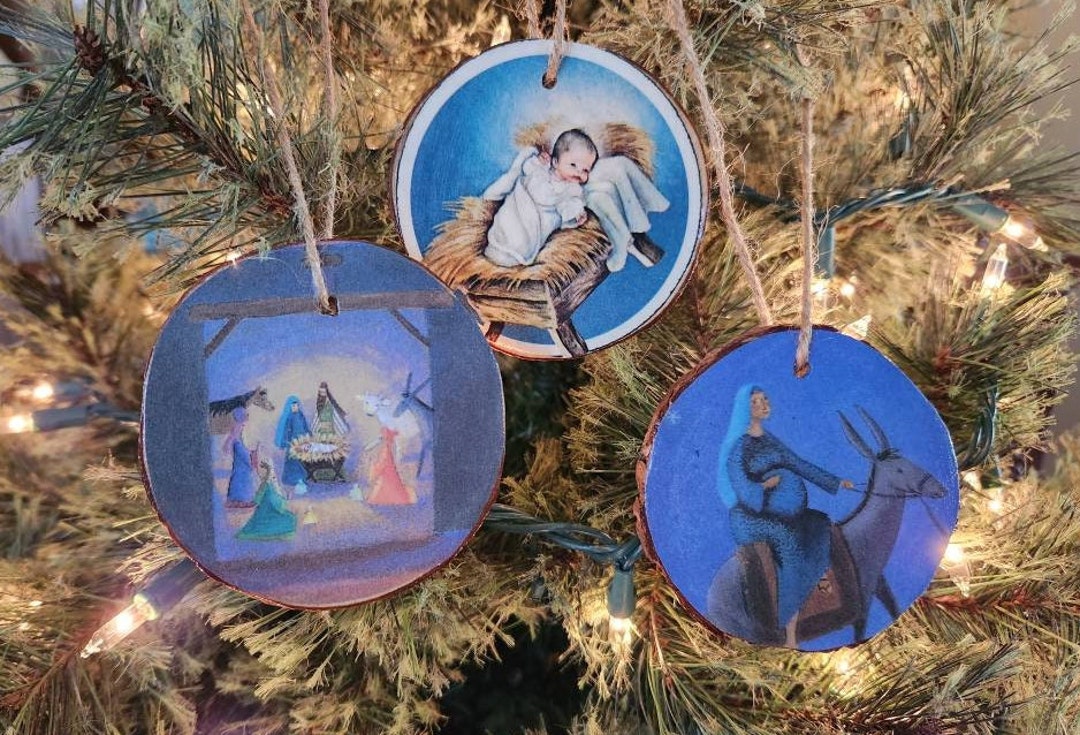 Set of 3 Wooden Nativity Scene Ornaments, Recycled Book Page Ornaments
