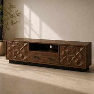 May include: A rectangular dark brown wooden media console featuring two side cabinets with geometric faceted door panels, a central open shelf, and two lower drawers with thin black horizontal handles, all supported by a solid black base.