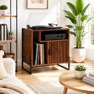 May include: A dark wood record player stand with a black metal frame, featuring an open top shelf for a turntable, a middle shelf for an amplifier, a vertical storage section for vinyl records, and a cabinet door with vertical slats.