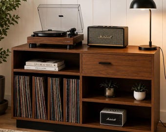 Mid Century Modern Record Player Stand, Vinyl Storage Cabinet with Drawer, Turntable Console Table, LP Organizer Media Cabinet