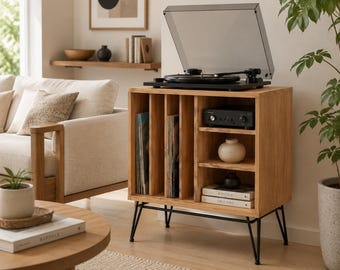 Mid Century Record Player Stand with Vinyl Storage, Turntable Cabinet, LP Storage Organizer, Media Console Cabinet, Walnut Finish