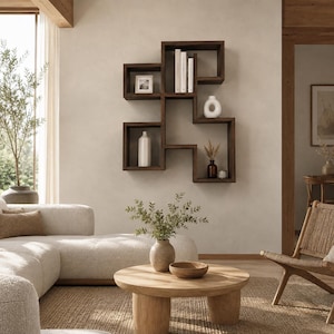 May include: A dark brown wooden wall-mounted shelving unit with multiple square and rectangular compartments. The shelves hold various items including white books, a small framed picture, a white ceramic vase, and a dark glass bottle.