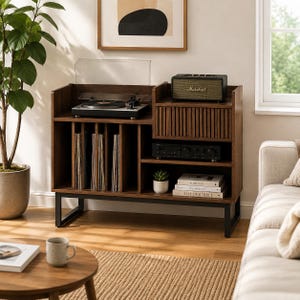 Op de afbeelding: Een mediameubel van donker hout met een zwart metalen frame, voorzien van een bovenplank voor een platenspeler, een latjesdeur, open vakken voor vinylplaten, een audio-ontvanger en een stapel van drie boeken naast een kleine vetplant.