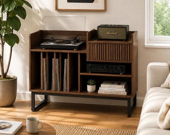 Modern Vinyl Record Stand with Turntable Shelf, Record Player Cabinet, Mid Century Vinyl Storage Media Console