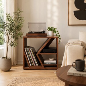 Mid Century Record Player Stand with Vinyl Storage, Walnut Turntable Stand, Modern LP Storage Cabinet, Stereo Media Console Table