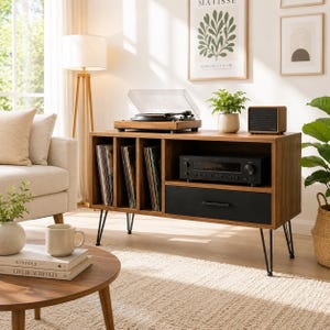 Mid Century Record Player Stand with Vinyl Storage, Turntable Cabinet, Media Console Table, Walnut TV Stand, Vinyl Organizer